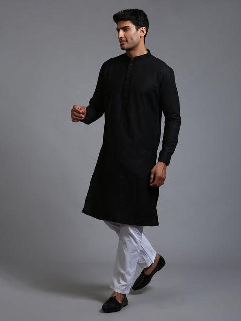 Vastramay Men's Black Cotton Blend Kurta Pyjama Set